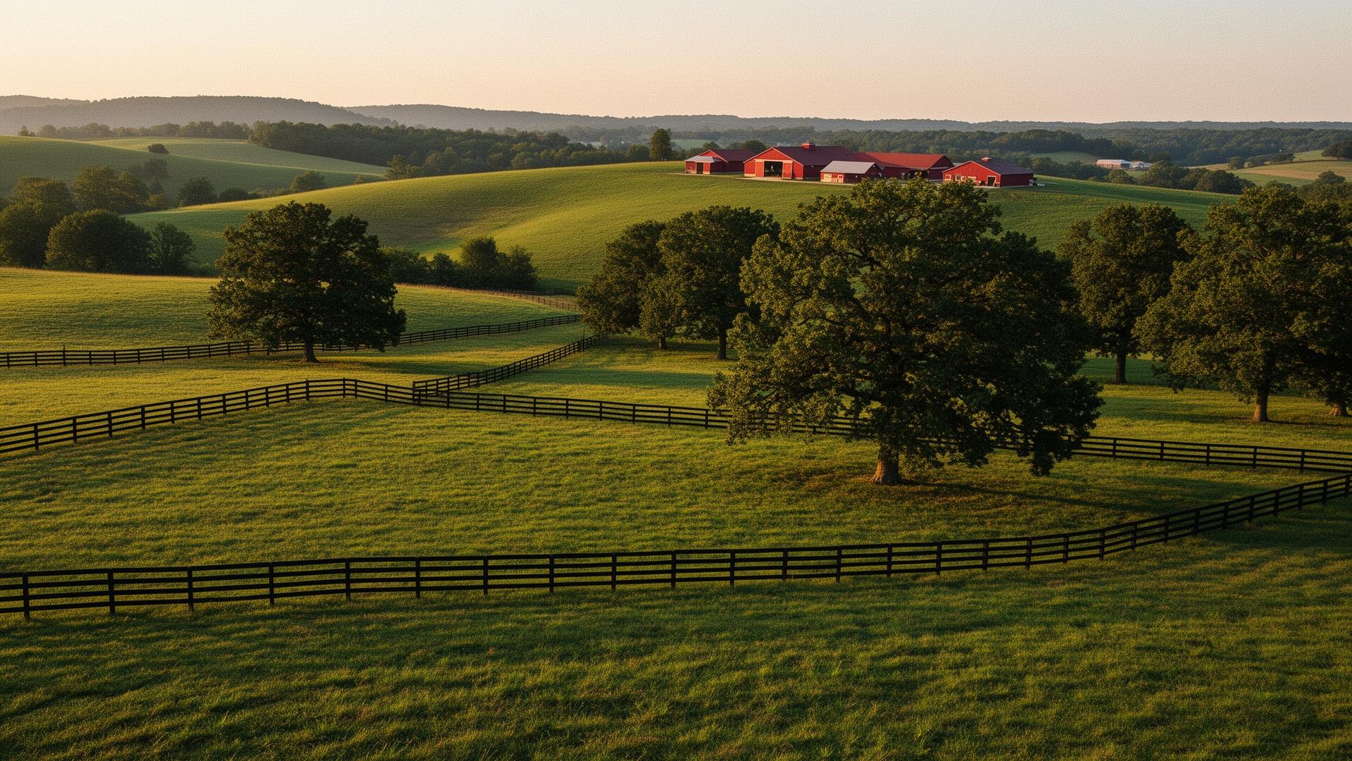 Rolling Bluegrass horse country in central Kentucky at golden hour